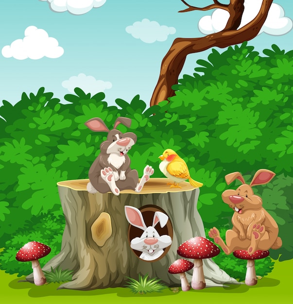 Premium Vector | Rabbits and bird in the garden illustration