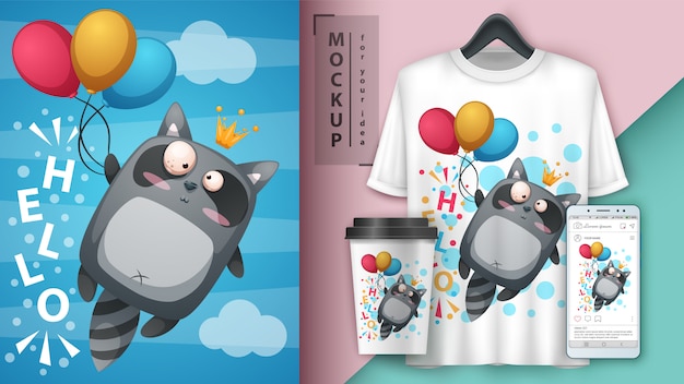 アライグマフライ気球図 カップ Tシャツ スマートフォンの壁紙 プレミアムベクター