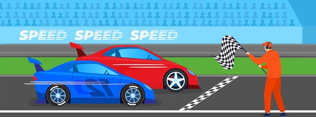 レーススポーツ競技イラスト スピード違反の車 フィニッシュラインでの高速モーターレースの火球 プレミアムベクター