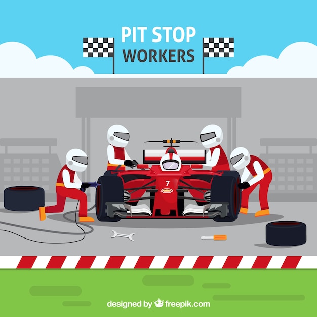 Racing car pit stop workers