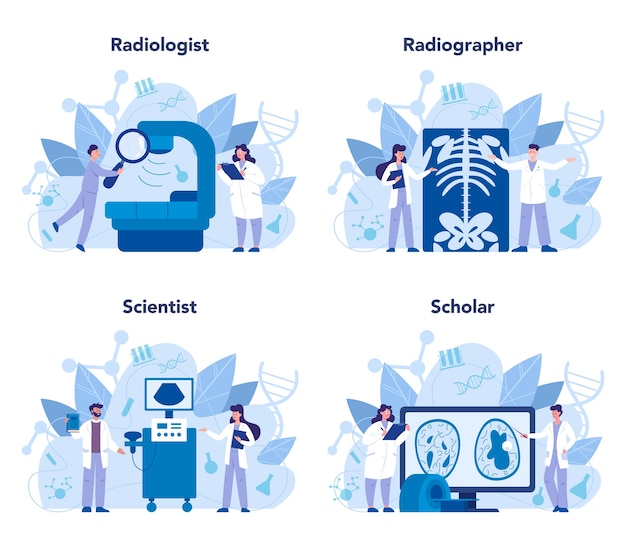 放射線科医の概念セット コンピュータ断層撮影 Mri 超音波を使用して人体のx線画像を検査する医師 ヘルスケアと病気の診断のアイデア 漫画スタイルの孤立したベクトルイラスト プレミアムベクター