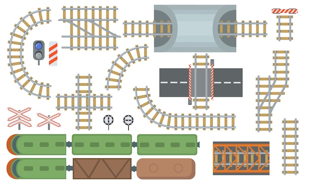 鉄道と鉄道線路フラット要素セット 鉄道駅と電車の線の平面図は ベクトルイラストコレクションを分離しました 上からの眺め 建設と産業地図の概念 無料のベクター