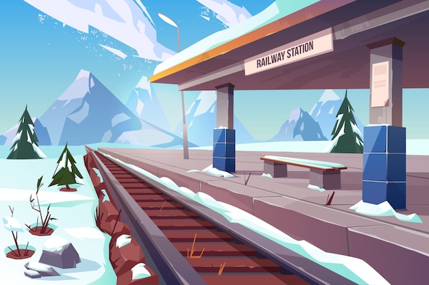 鉄道駅山冬の雪景色イラスト 無料のベクター