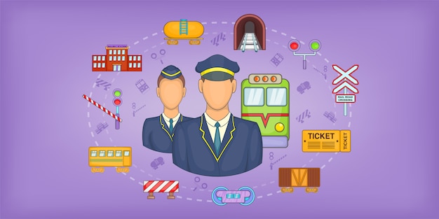 Railway stuff horizontal background , cartoon style Premium Vector