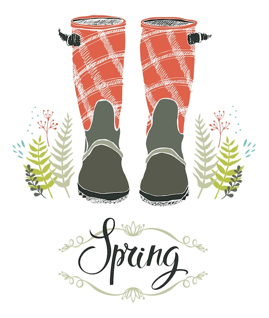 Rain boots and spring forest grass, design card