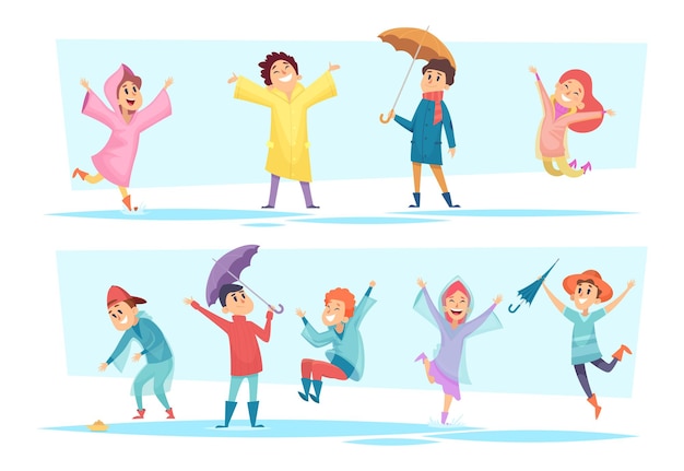 Rain characters. happy kids playing in autumn puddles raincoat wet weather liquid seasonal games vec