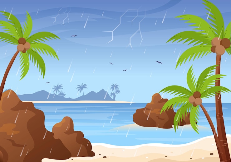 Premium Vector Rain Storm Background Vector Illustration With Beach Scenery When It Weather