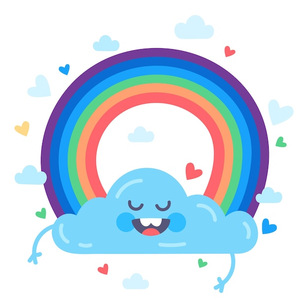 虹と空のかわいい雲が楽しくて笑顔のカラフルなフラットイラスト プレミアムベクター
