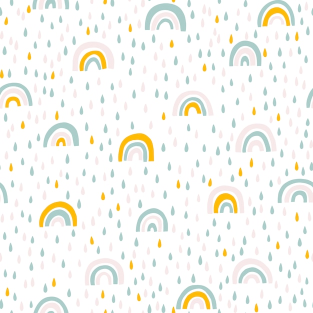 パステルカラーの虹と雨滴のシームレスなパターン 赤ちゃんスカンジナビア手描きイラストテキスタイルや新生児服に最適 プレミアムベクター