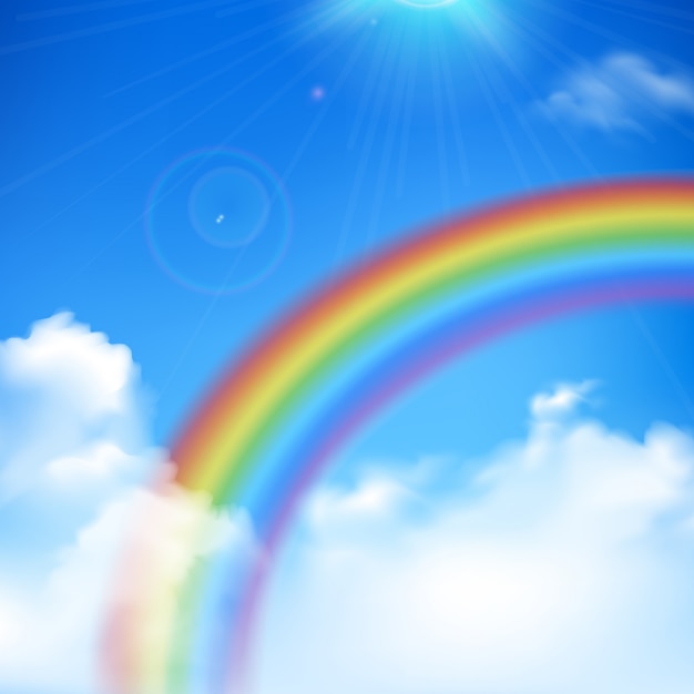 雲と青空の虹と太陽の光の現実的な背景 無料のベクター
