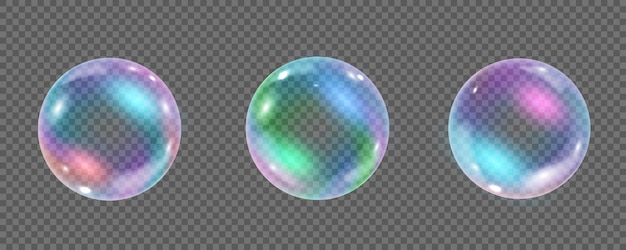 透明な背景に分離された虹色のカラフルな水中バブル 反射のある空気または石鹸の水泡のリアルなイラスト 虹色に輝く光沢のあるシャンプーフォームボールのコレクション プレミアムベクター