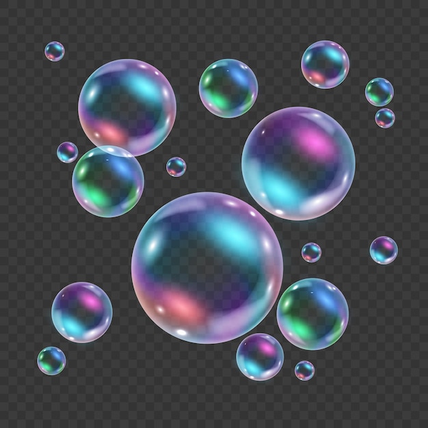 透明な背景に分離された虹色のカラフルな水中バブル 反射のある空気または石鹸の水泡のリアルなイラスト フローティング虹色の光沢のあるシャンプーフォームボール プレミアムベクター