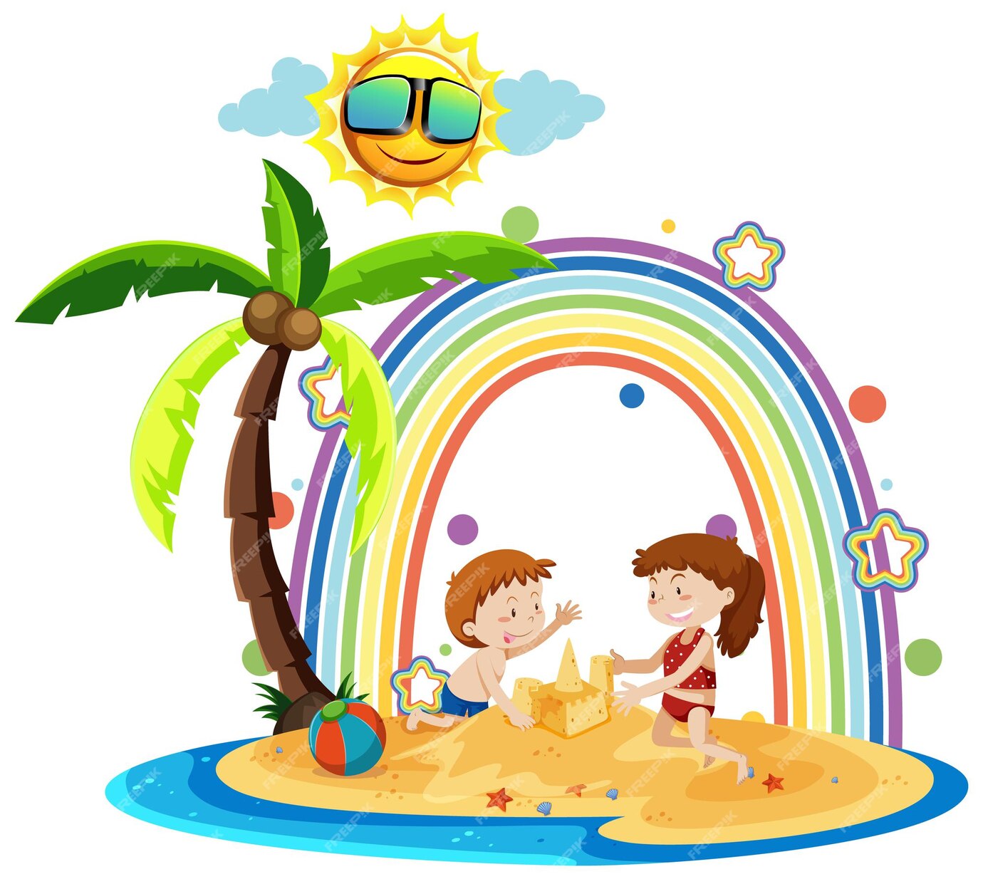 Premium Vector Rainbow On The Island With Children Building Sand Castle