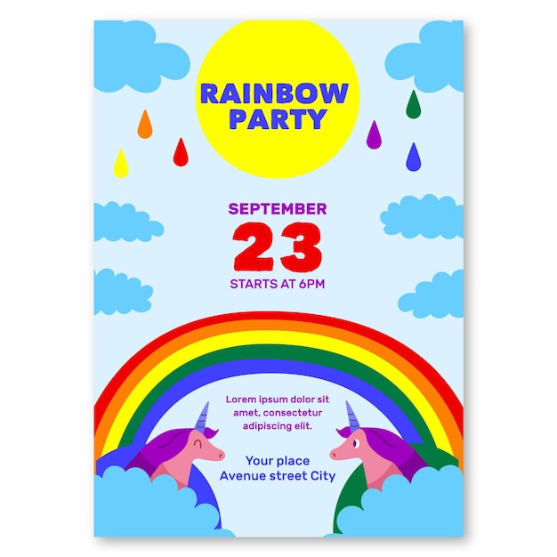 Rainbow party invitation template Free Vector
