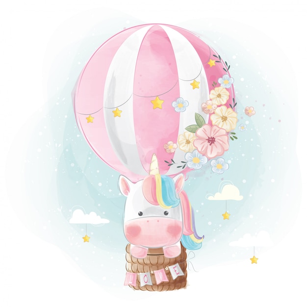 Premium Vector | Rainbow unicorn flying with balloon