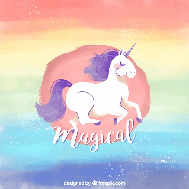 Rainbow Watercolor Background With Unicorn Free Vector