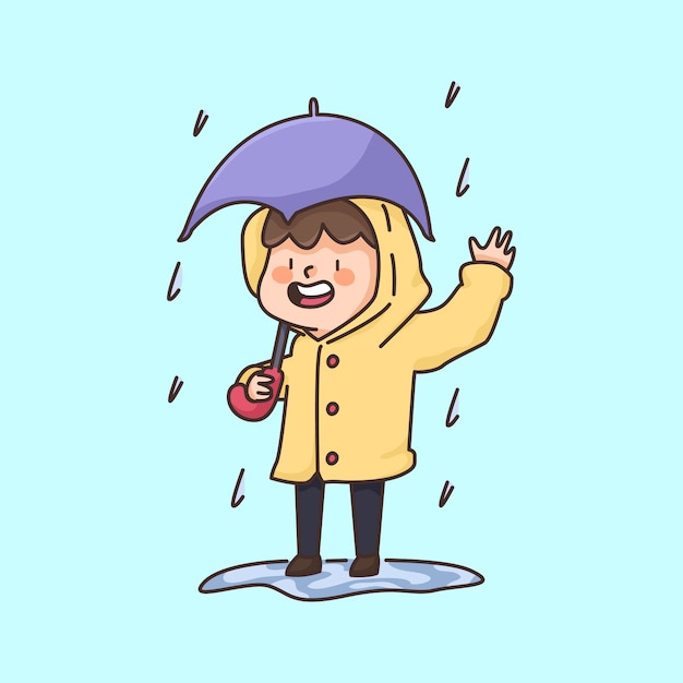 コートかわいい漫画イラストを着て雨が降っている少年 プレミアムベクター