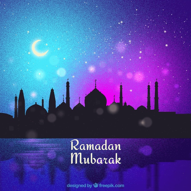 Free Vector | Ramada background with silhouette of mosque in watercolor ...