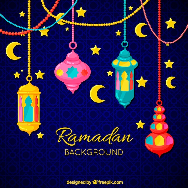 Ramadan background with colorful lamps and ornaments Vector | Free Download