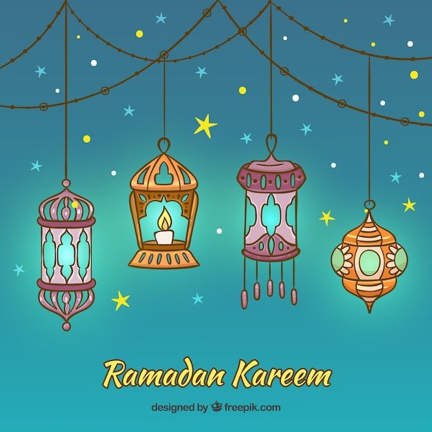 Free Vector | Ramadan background with lamps in hand drawn style