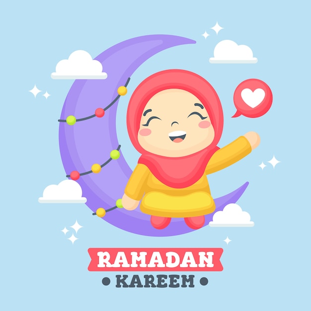 Premium Vector | Ramadan greeting card with cute girl illustration