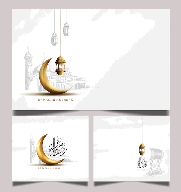 Ramadan greeting card with golden crescent moon and lantern Premium Vector