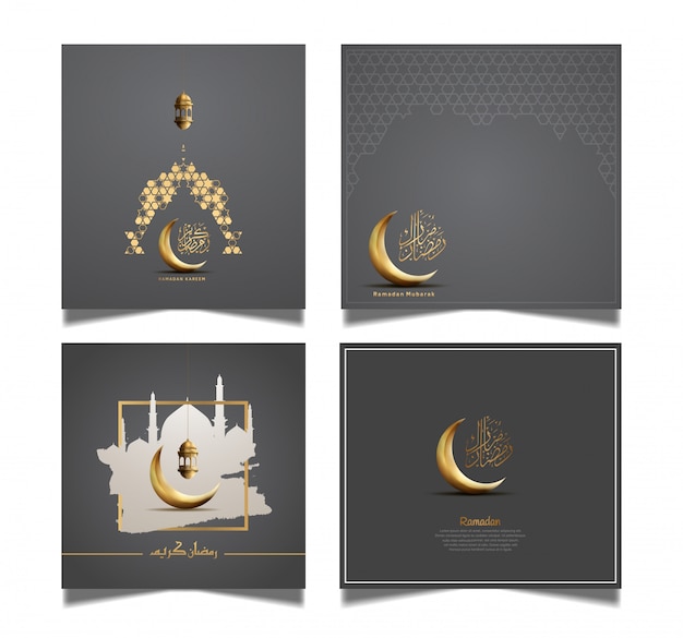 Ramadan greeting card with golden crescent moon and lantern Premium Vector