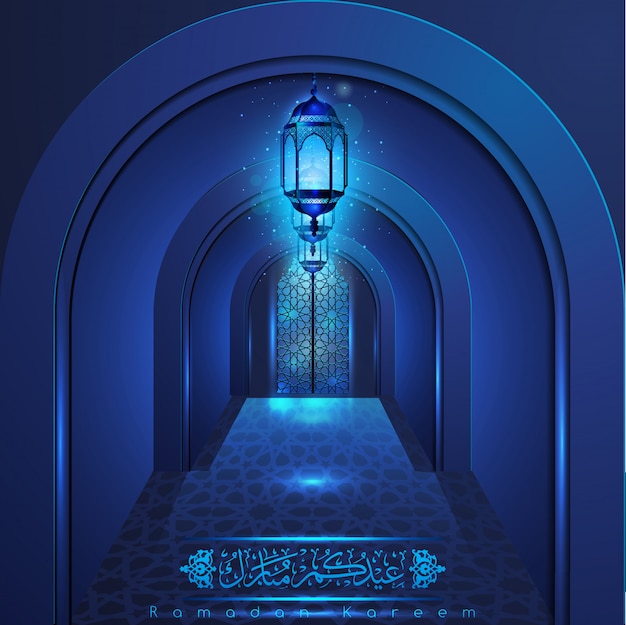 Ramadan kareem beautiful mosque door with arabic pattern Premium Vector