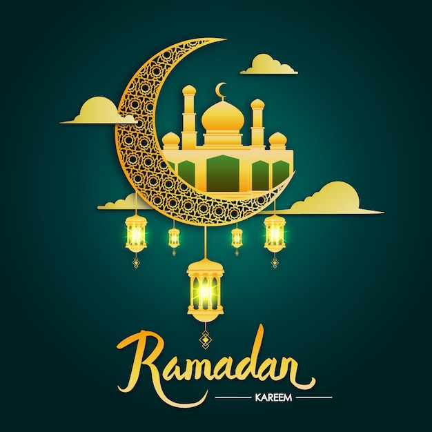 Premium Vector | Ramadan kareem gold mosque crescent moon and lantern