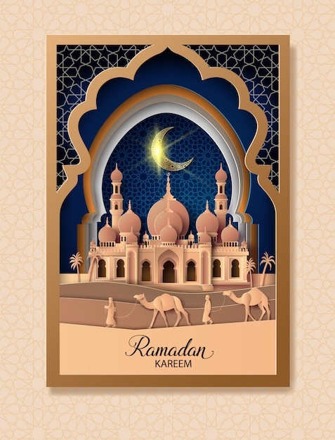 Ramadan kareem greeting card, paper art | Premium Vector