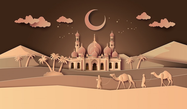 Ramadan kareem greeting card, paper art Premium Vector