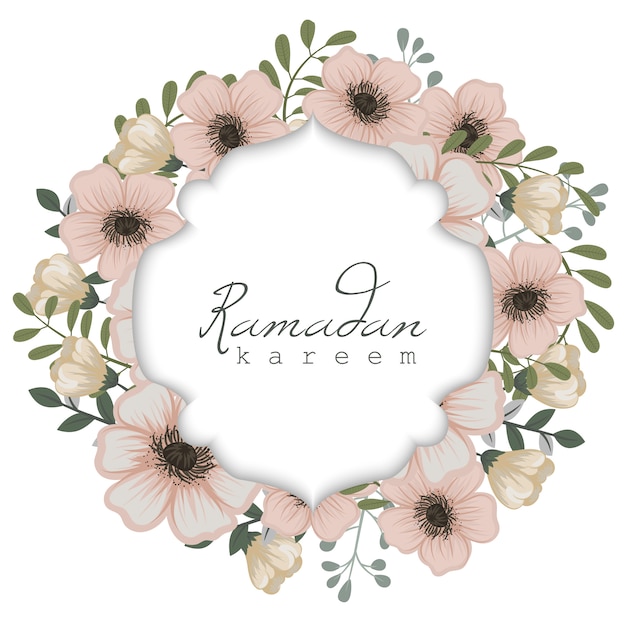 Ramadan kareem greeting card with frame of flowers Free Vector