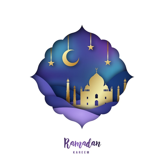 Ramadan kareem illustration with arabic origami mosque. Premium Vector