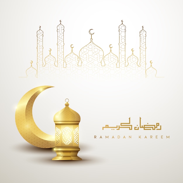Ramadan kareem islamic greeting background design with gold crescent and lantern Premium Vector