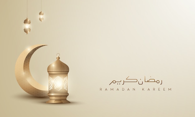 Ramadan kareem islamic greeting background design with gold crescent moon and lantern Premium Vector
