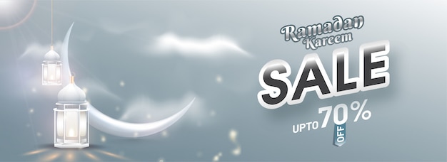 Ramadan kareem sale header or banner template design with 70% discount Premium Vector