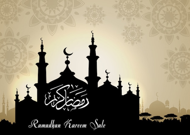 Premium Vector Ramadan Kareem Sale With Mosque Silhouette At Night