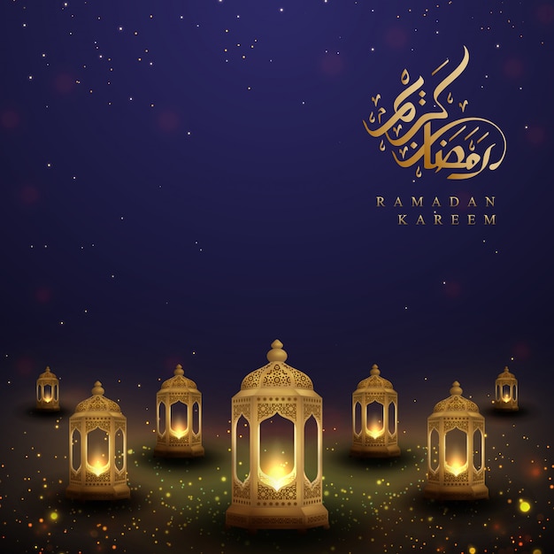Ramadan kareem with arabic calligraphy and golden lanterns. Premium Vector