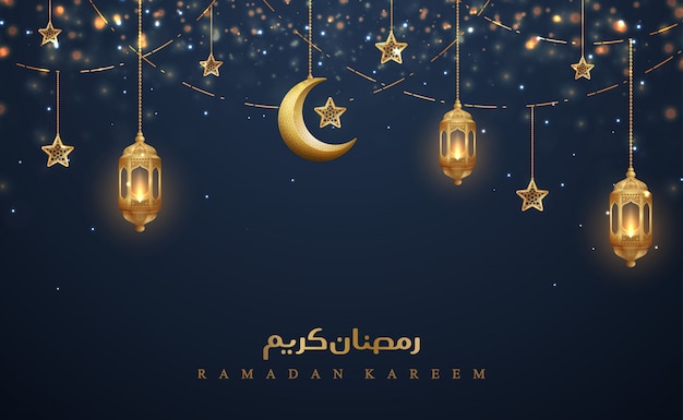 Ramadan kareem with golden lanterns, and golden crescent moon Premium Vector