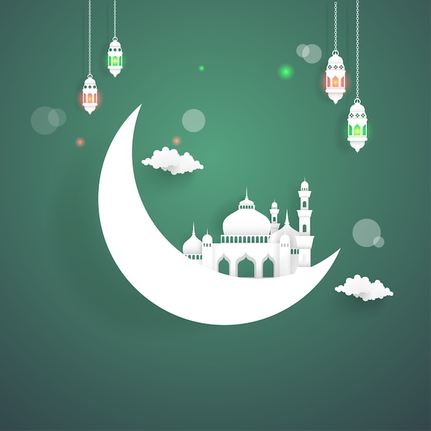 プレミアムベクター ラマダン カライム 夜間のモスクと灯篭のイラスト付き