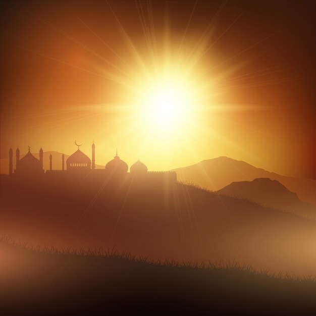 Free Vector | Ramadan landscape background with mosques at susnet