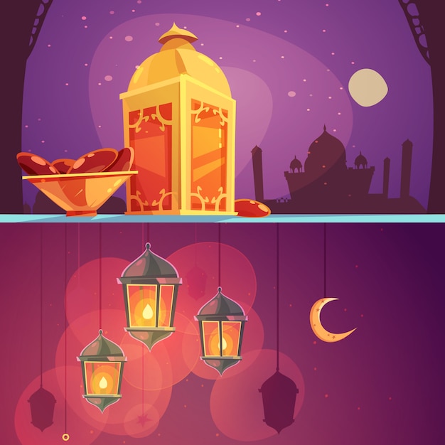 Free Vector | Ramadan lanterns cartoon banner set