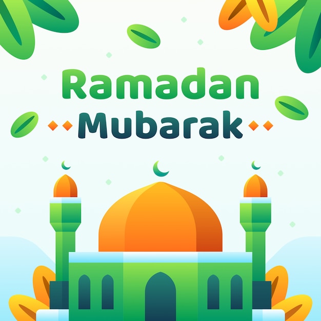 Premium Vector | Ramadan mubarak text with mosque and plants