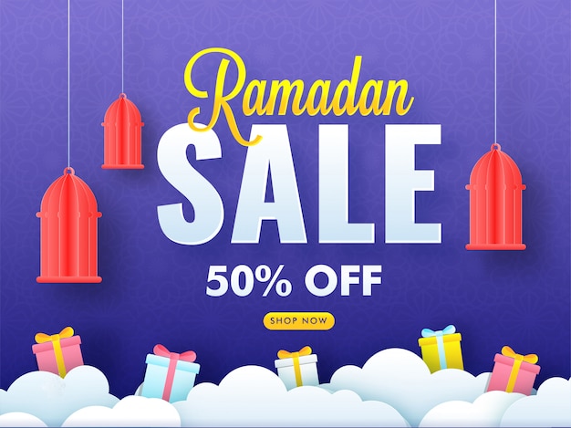 Premium Vector | Ramadan sale background with hanging paper lanterns