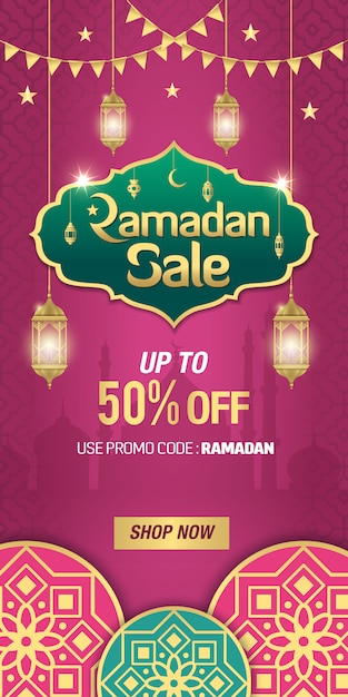Ramadan sale banner design with golden shiny frame, arabic lanterns and islamic ornament on purple P