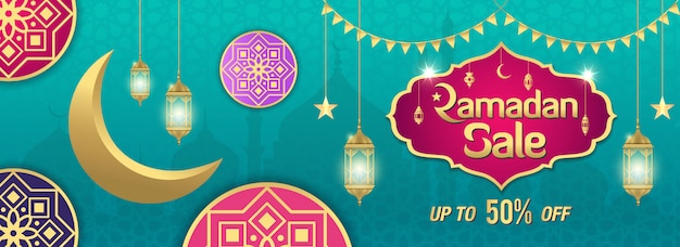 Ramadan sale, web header or banner  with golden shiny frame, arabic lanterns and golden crescent moo