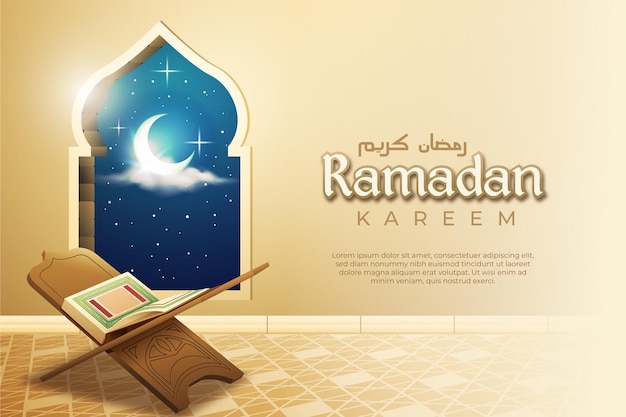 Ramadan with realistic mushaf and arabic window Premium Vector