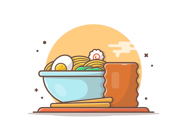 Ramen bowl with boiled egg and hot drink Premium Vector