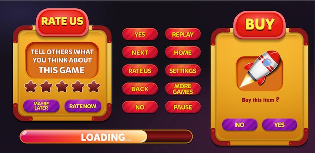 Rate us and buy menu pop up screen with stars and button Premium Vector