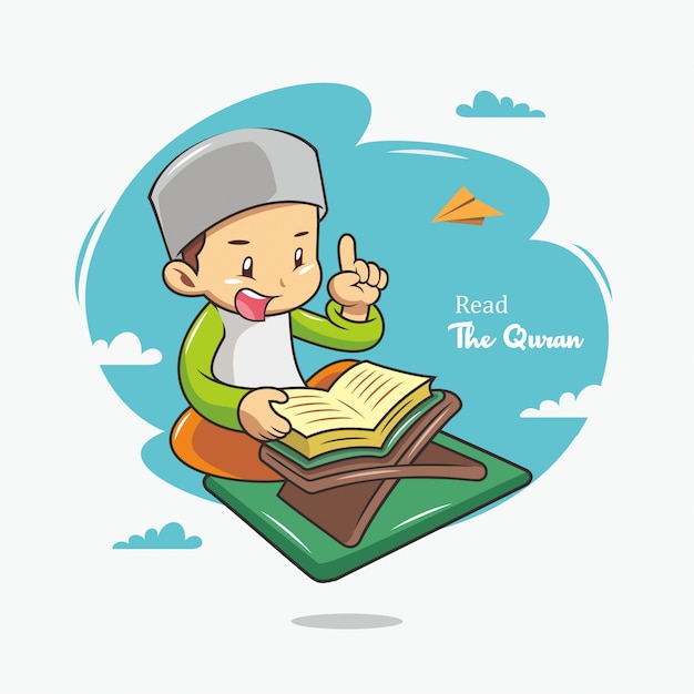 イスラムの手描きイラストでコーランを読む プレミアムベクター